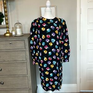 Liz Claiborne: Vintage Black Colorful Floral Pattern Midi Shift Dress, 8